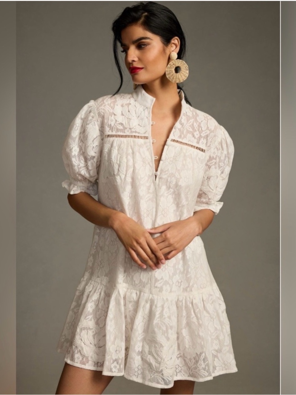 Anthropologie Porridge Women's Ivory Tiered Lace Tunic Dress Sz S